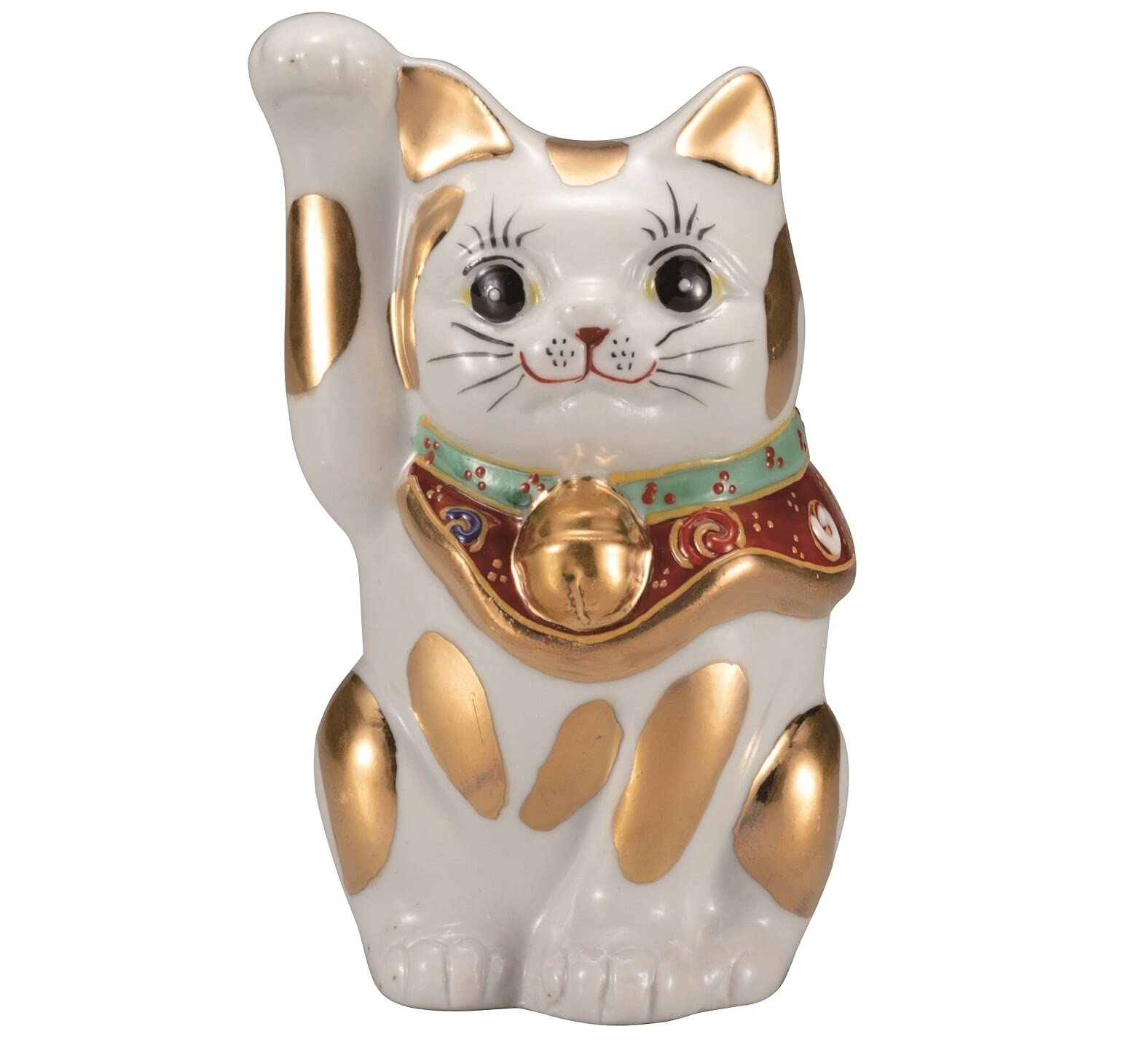 美品　九谷焼　金ぶち　招き猫　縁起物 九谷焼】4号招き猫 金ブチ 右手 金運招福 縁起物 Maneki Neko